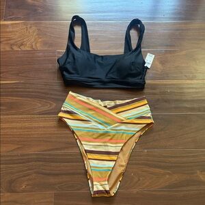 Aerie Black and Multicolor Striped Bikini Set size Small